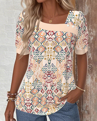 Slant Collar Short Sleeve Printed Casual Blouse