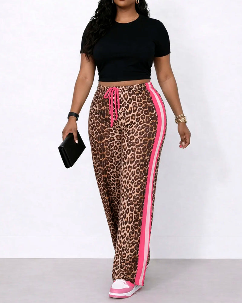 Color-Block Leopard Print Drawstring Straight-Leg Pants