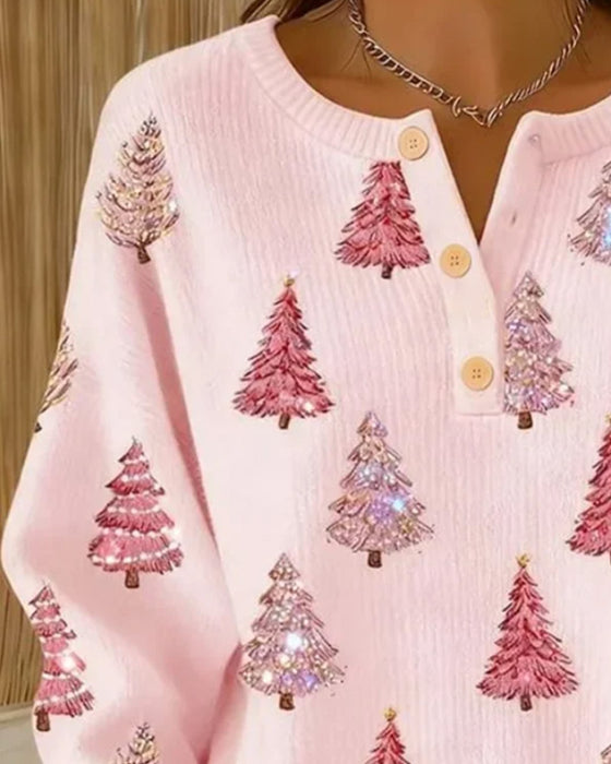 Christmas Tree Print Henley Collar Pullover
