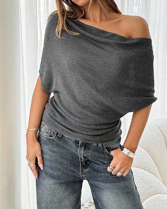 Batwing Sleeve Off-Shoulder Solid Blouse