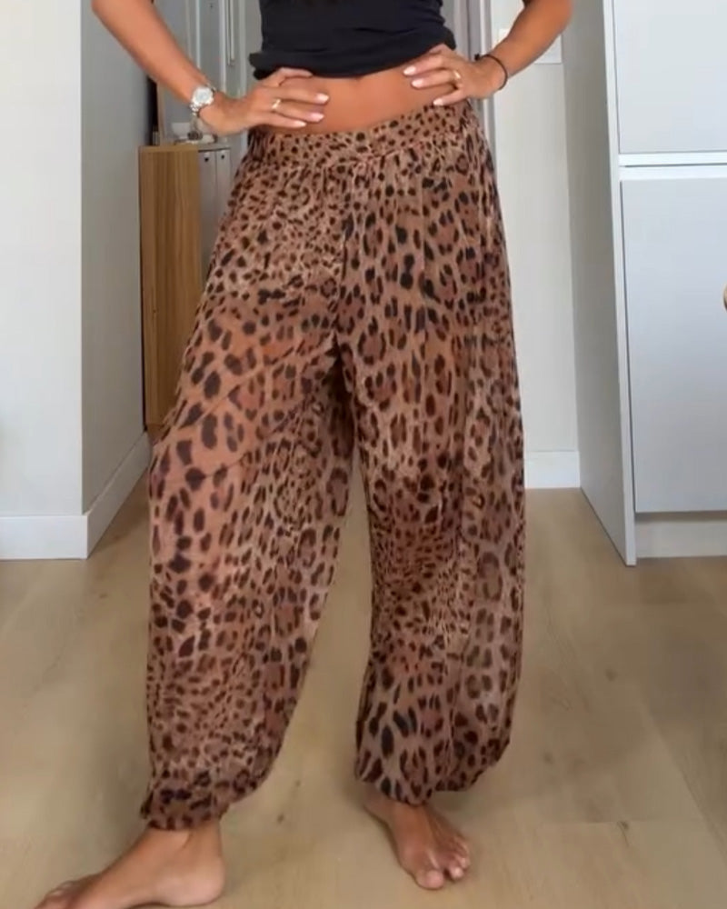 Elastic Waist Leopard Print Wide Leg Long Pants