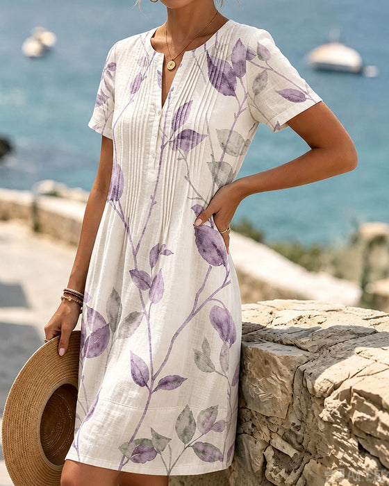 Ruched Leaf Print Short Sleeve Mini Dress