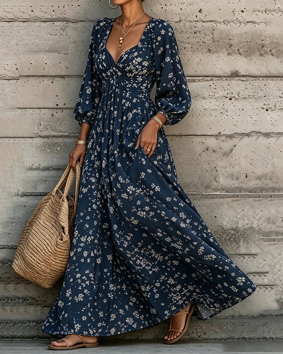 Ruched Floral Puff Sleeve Full Skirt Dress