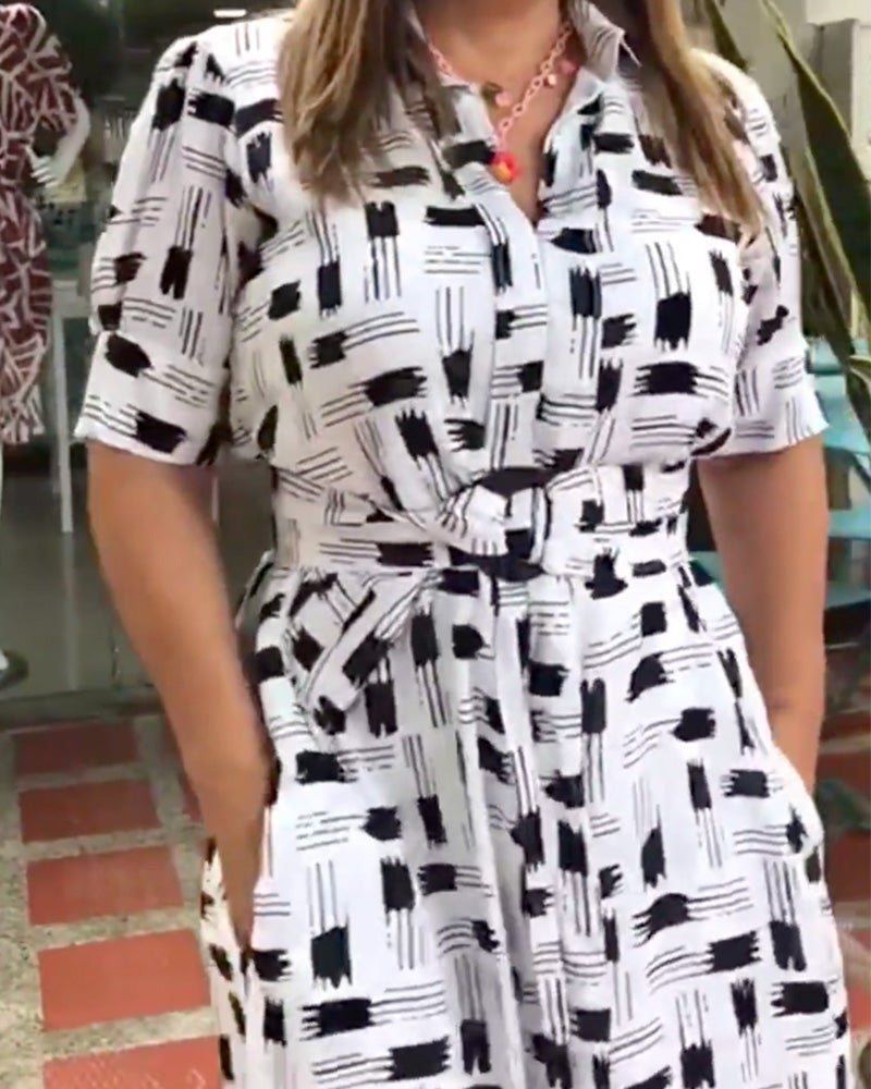 Geometric Line Waist-Cinching Dress
