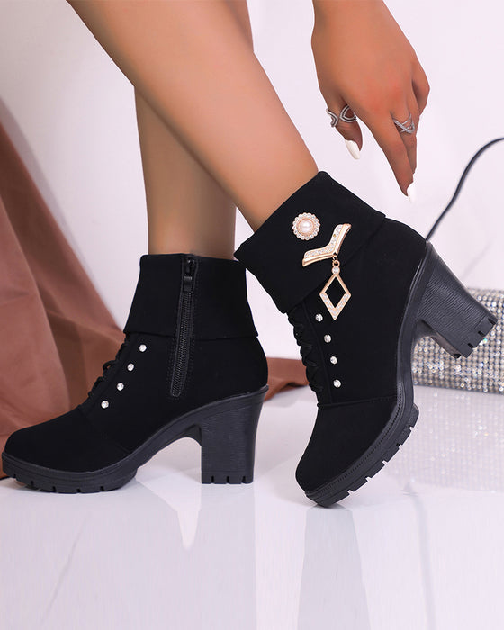 Women's Chunky Heeled Ankle Boots with Rhinestone Decor