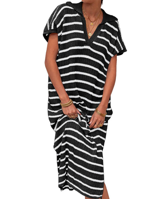 Striped Lapel Short Sleeve Dress