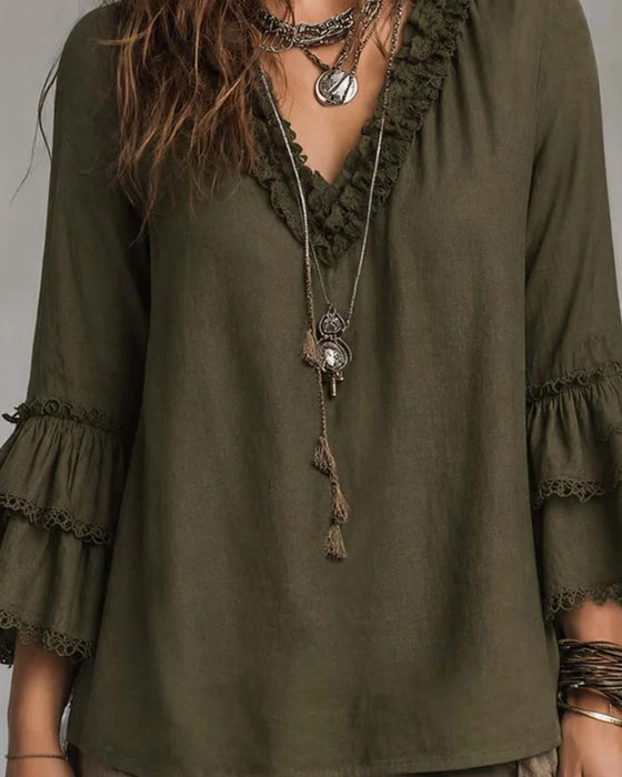 V-Neck Two-Tier Sleeve Ruffle Blouse