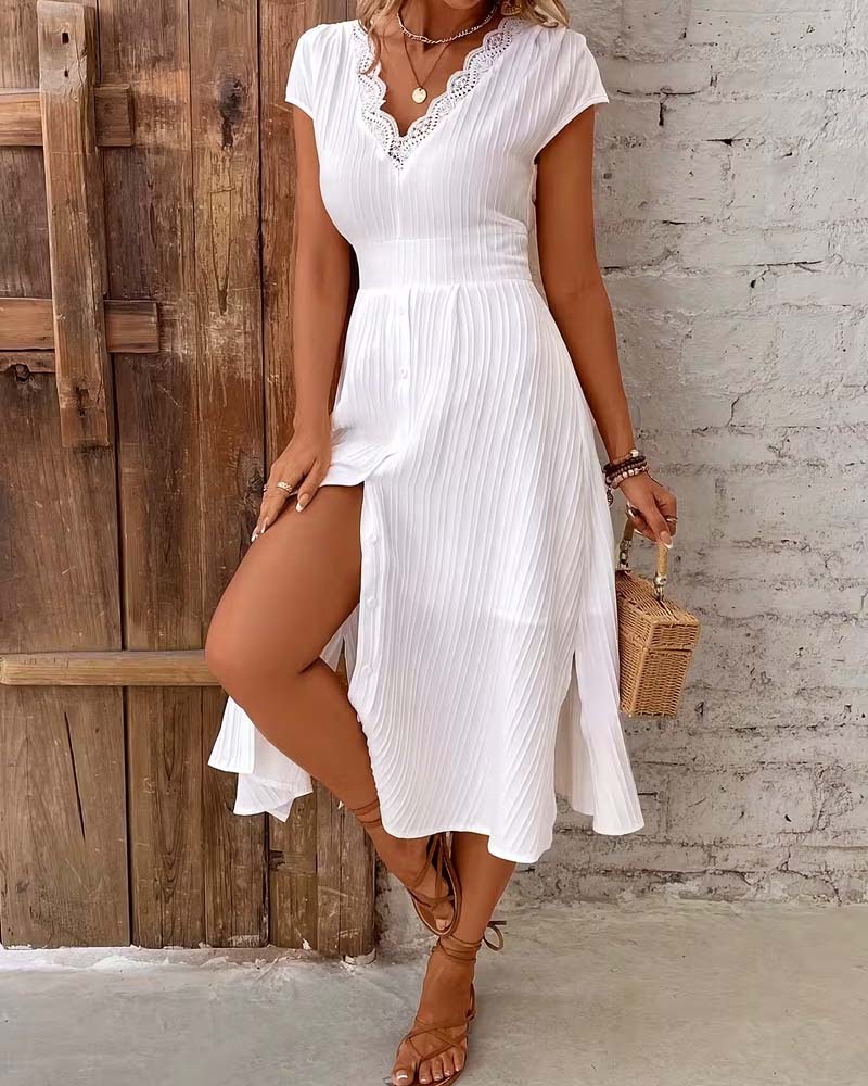 V-Neck Button Slit Dress