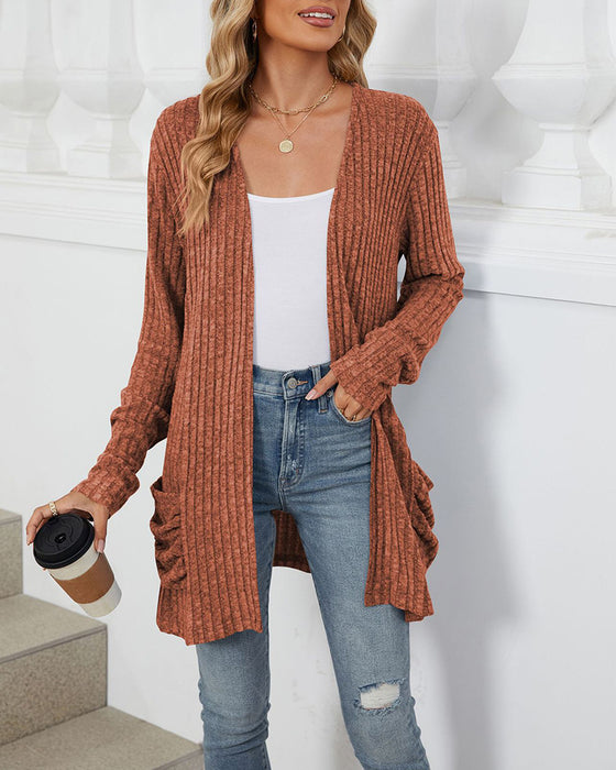 Casual solid color pocket long sleeve cardigan