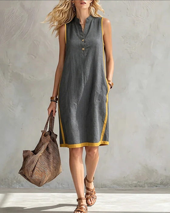 Stand Collar Button Patchwork Sleeveless Dress