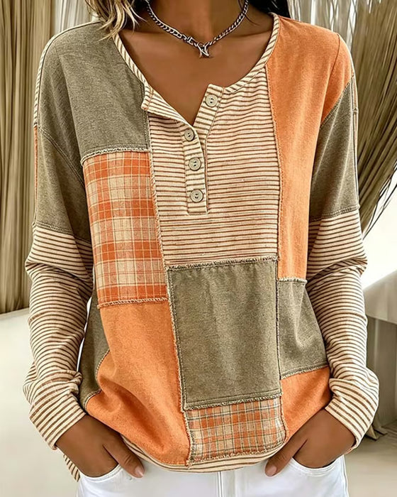 Button Contrast Striped Plaid Top