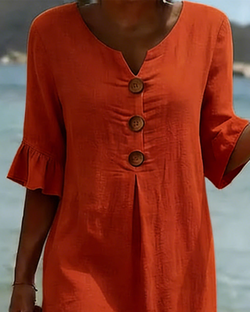 Button Ruffle Sleeve 100% Cotton Dress