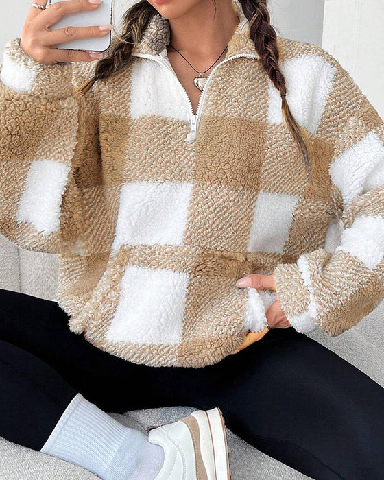 Half-Zip Stand Collar Plaid Sweatshirt