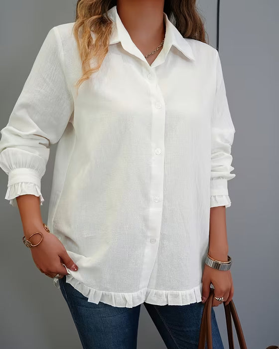 Cotton Ruffled Hem Collared Shirt