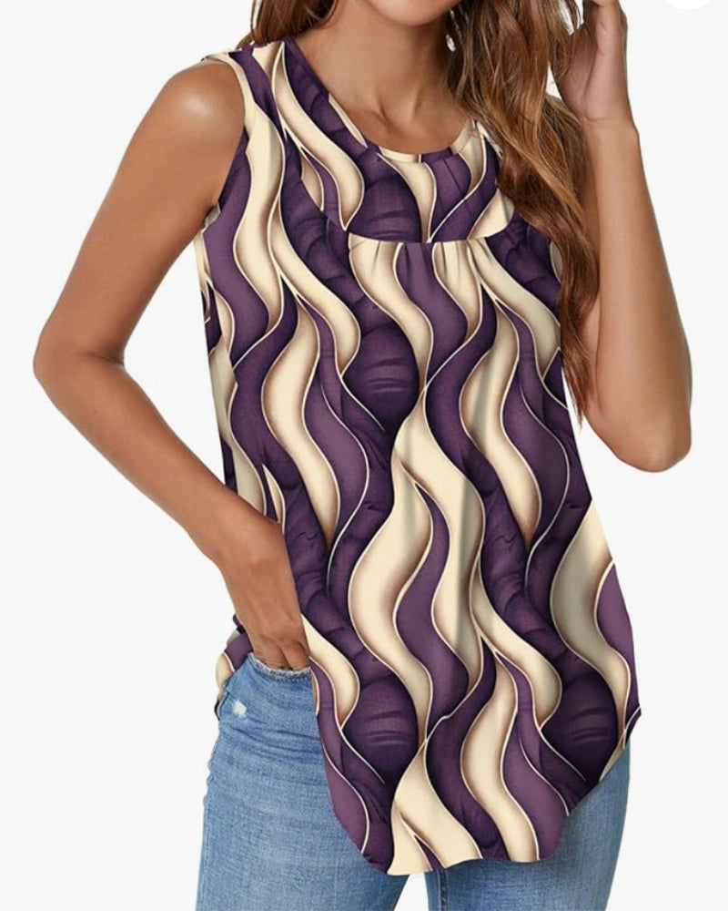 Wave Pattern Crewneck Casual Tank Top