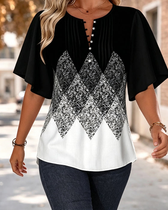 Diamond Grid Gradient Print V-Neck T-Shirt