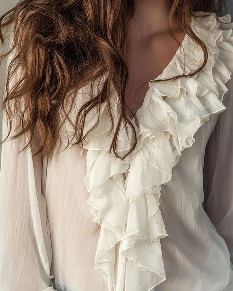 Stylish V-Neck Ruffled Blouse
