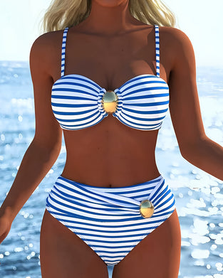 Spaghetti Straps Striped Plastic Button Bikini
