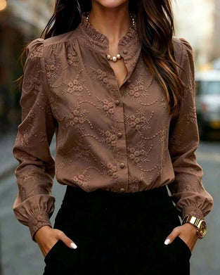 Bubble Sleeve Mandarin Collar Blouse