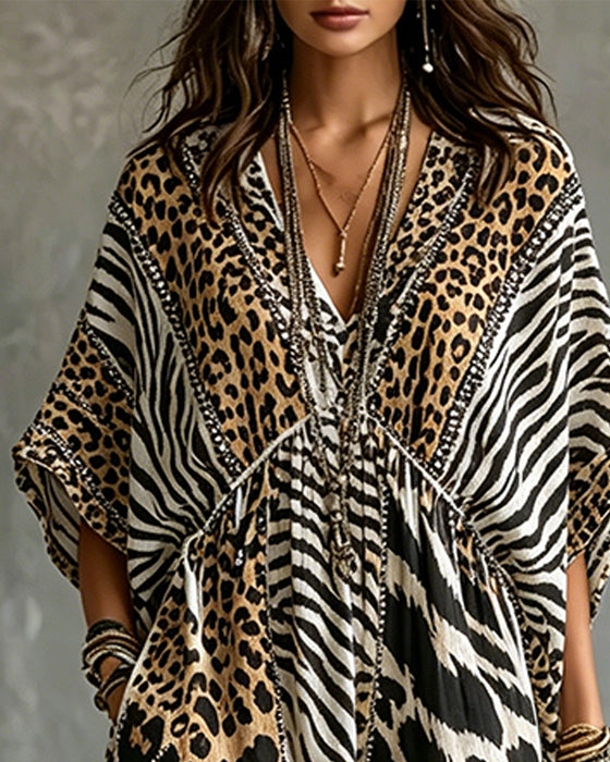 V-Neck Leopard Print Bat Sleeve Dress