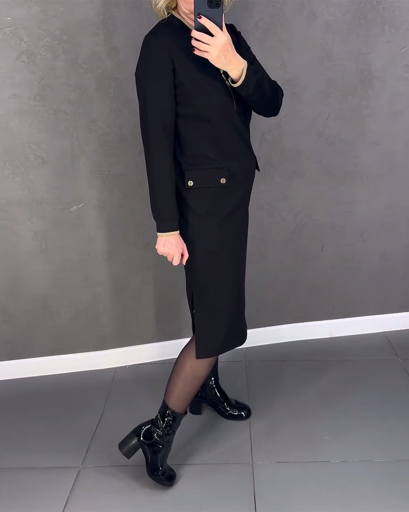 Stand collar contrast zipper shift dress