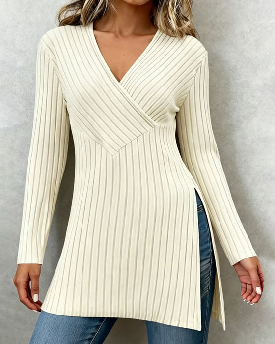 V-Neck Solid Color Striped Top