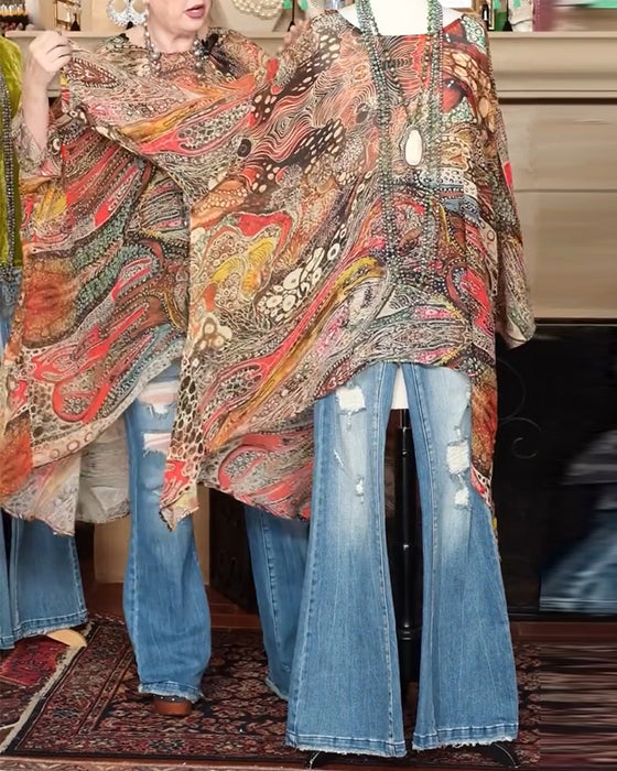 Loose Batwing Sleeve Print Blouse