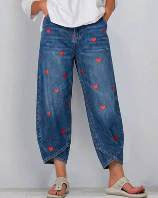 Heart Print Denim Ankle Pants