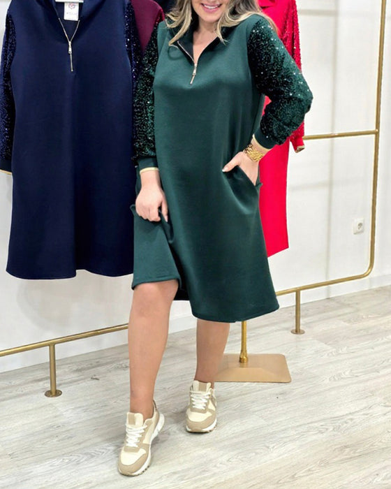 Hooded Zipper Sequin Patchwork Dress