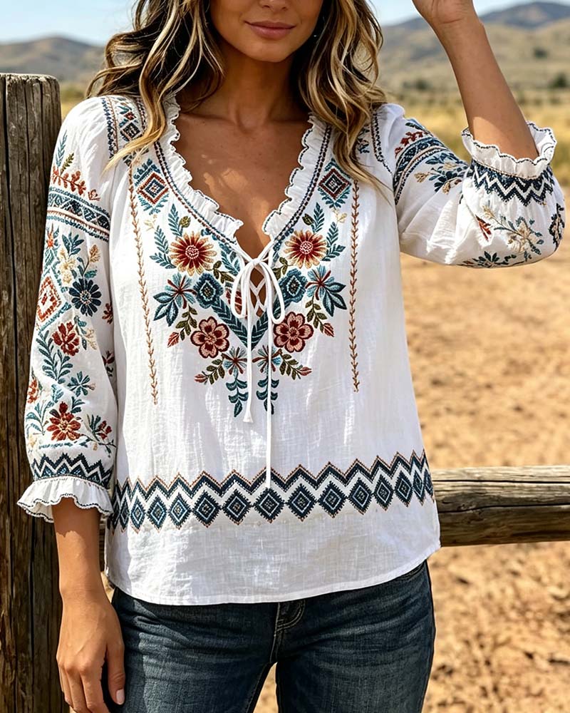 V-Neck Bohemian Ruffle Blouse