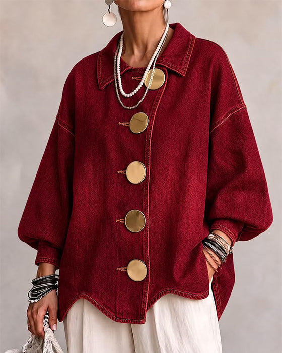 Big Metal Button Washed Denim Coat