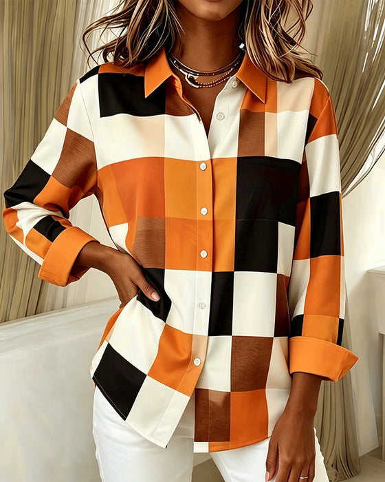 Block Plaid Lapel Shirt