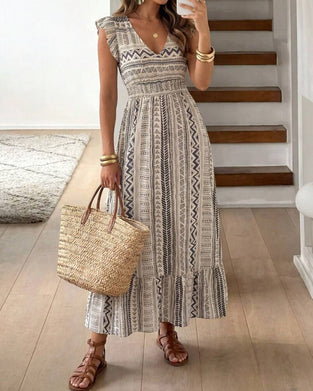 Geometric Print Waist-Cinching Flutter Sleeve Maxi Dress