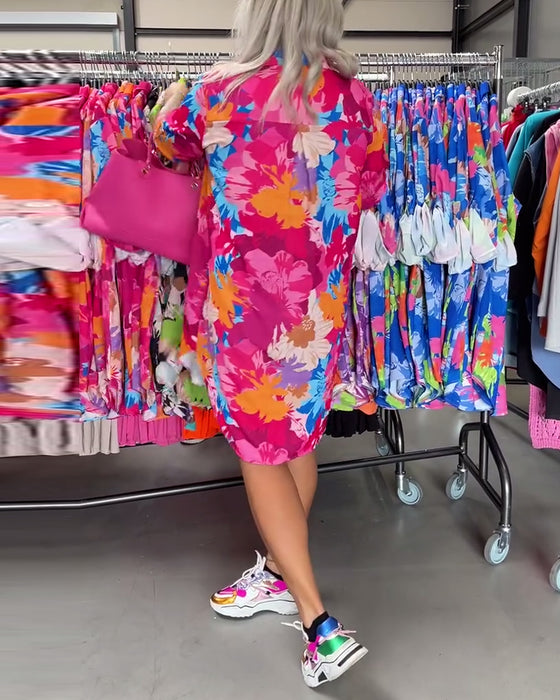 Colorful floral print lapel midi dress