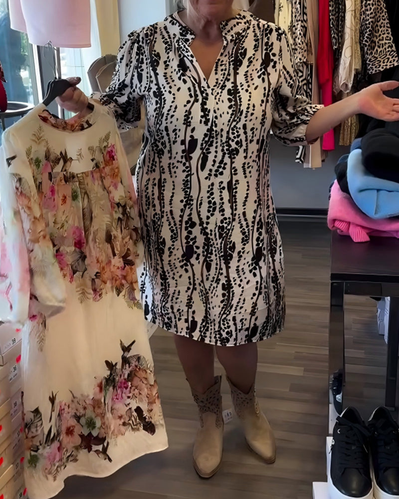 Small V-Neck Print Straight Dress