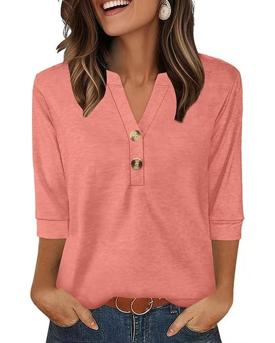 V-Neck Buttoned Three-Quarter Sleeve Blouse
