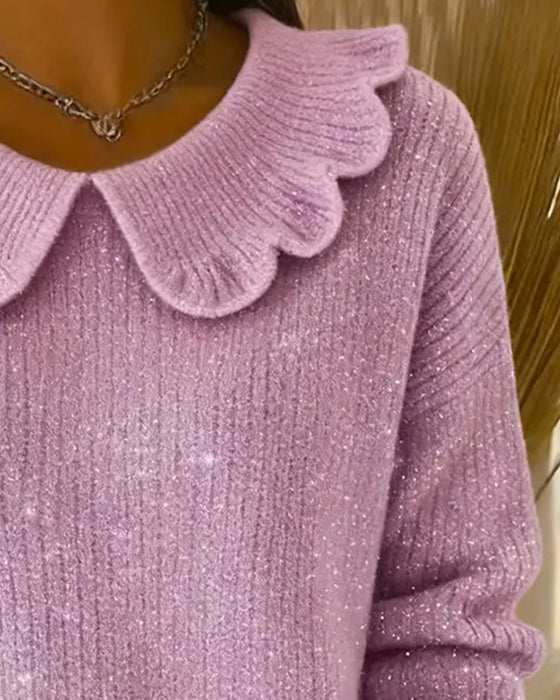 Lapel Ribbed Shimmer Fitted Pullover
