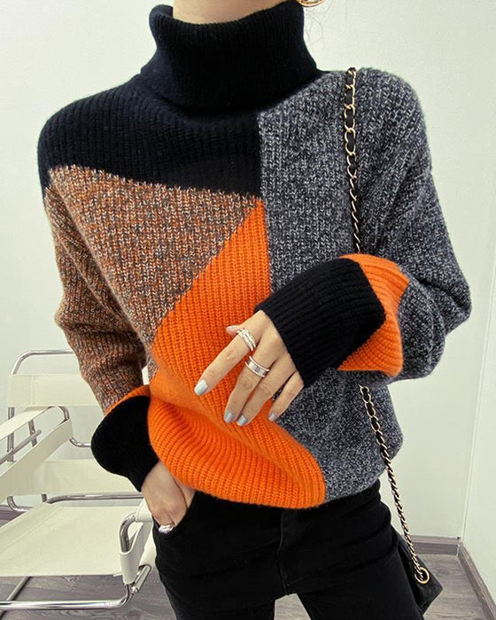 color block Pullover with High Neck