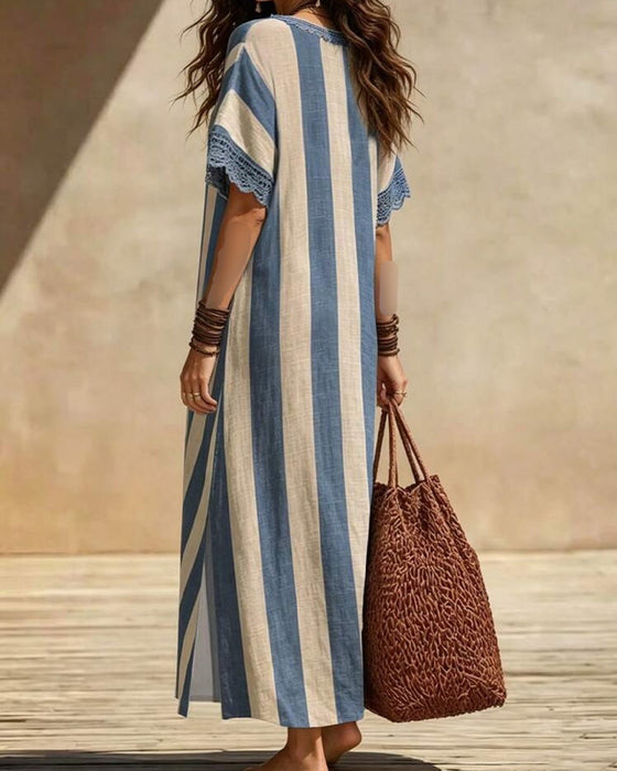 V-Neck Striped Casual Dress