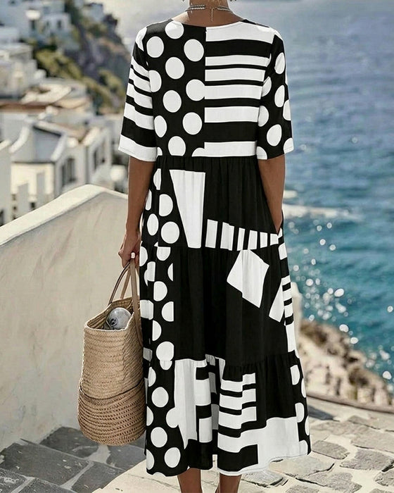 Polka Dot Striped V-Neck Dress
