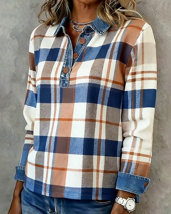 Casual Denim Patchwork Plaid Blouse