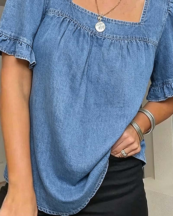 Square Neck Ruffle Denim Blouse