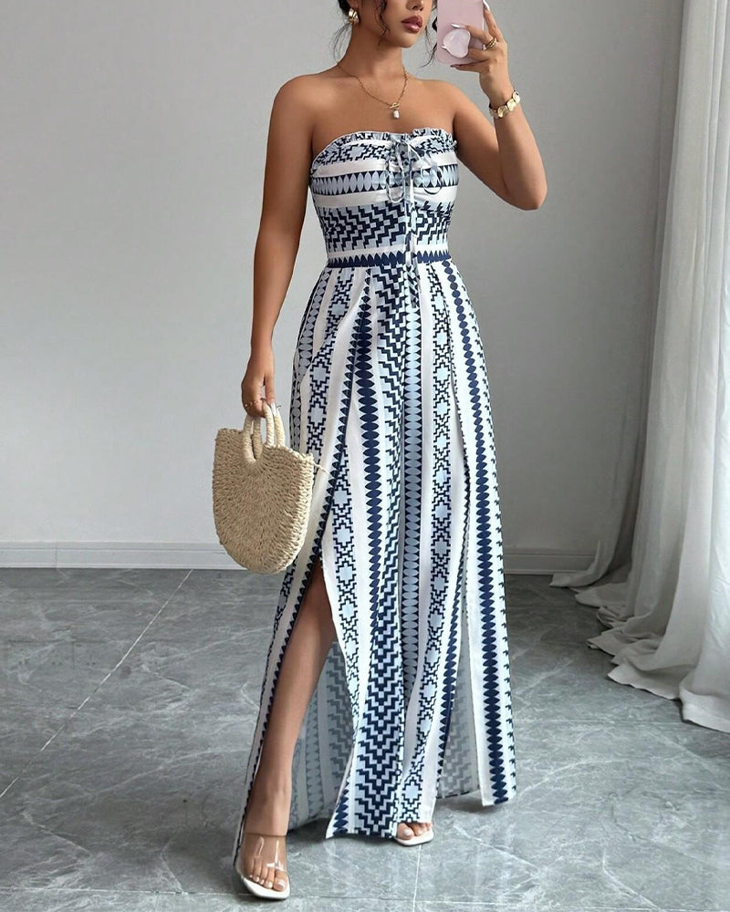 Geometric Bandeau Slit Wide Leg Jumpsuit