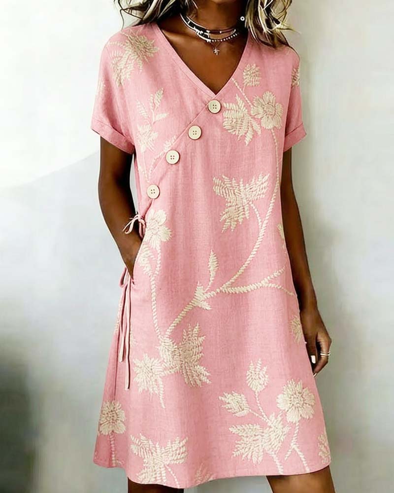 Diagonal Button Print V-Neck Mini Dress
