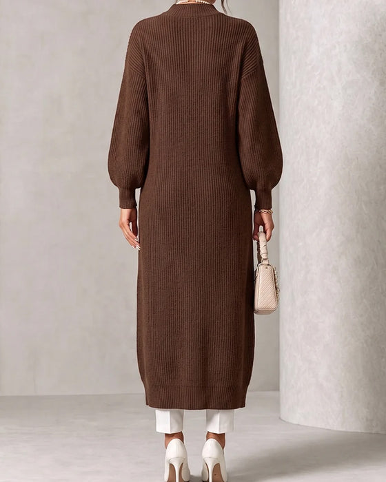 Diagonal Button Slit Lantern Sleeve Sweater Dress