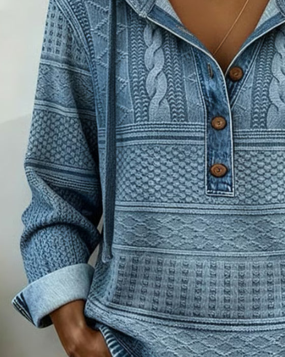 Cable Knit Denim Patchwork Hoodie