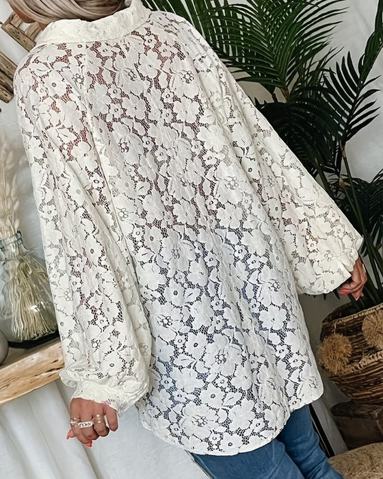 Floral Lace Lapel Long-Sleeved Blouse