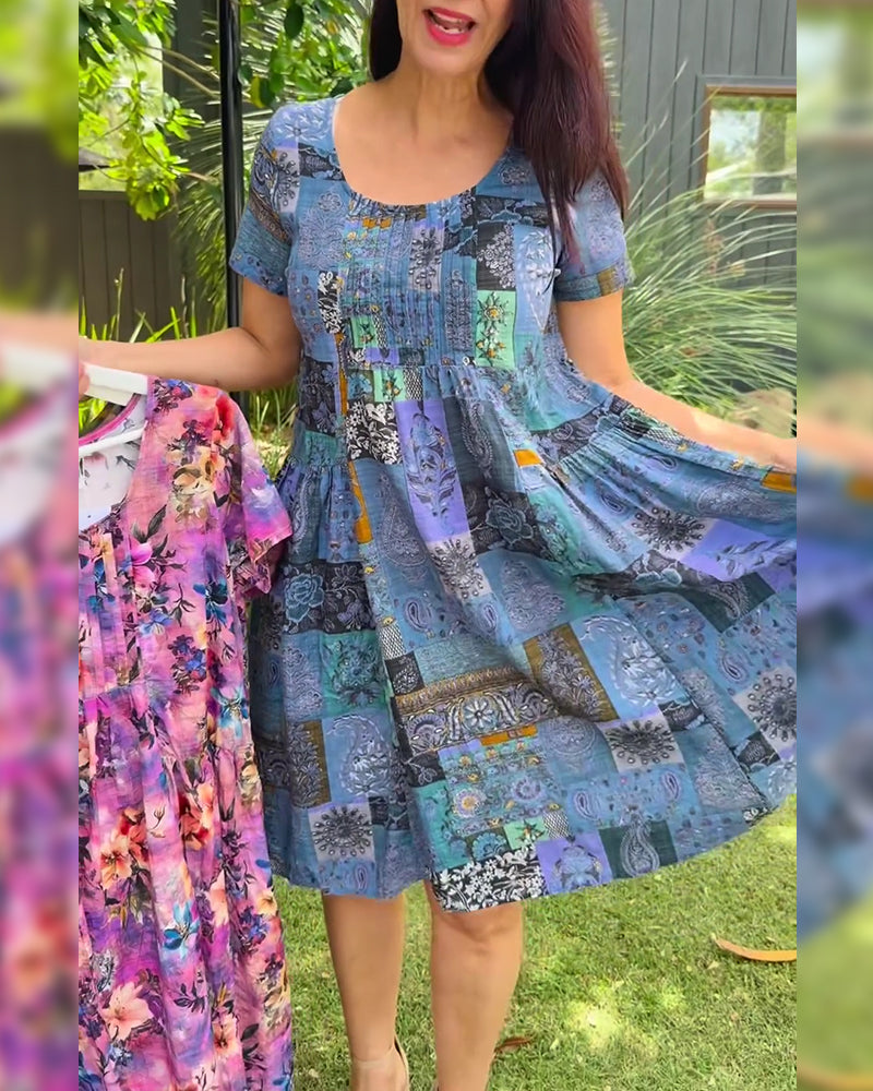 Round Neck Pleated Printed A-Line Dress