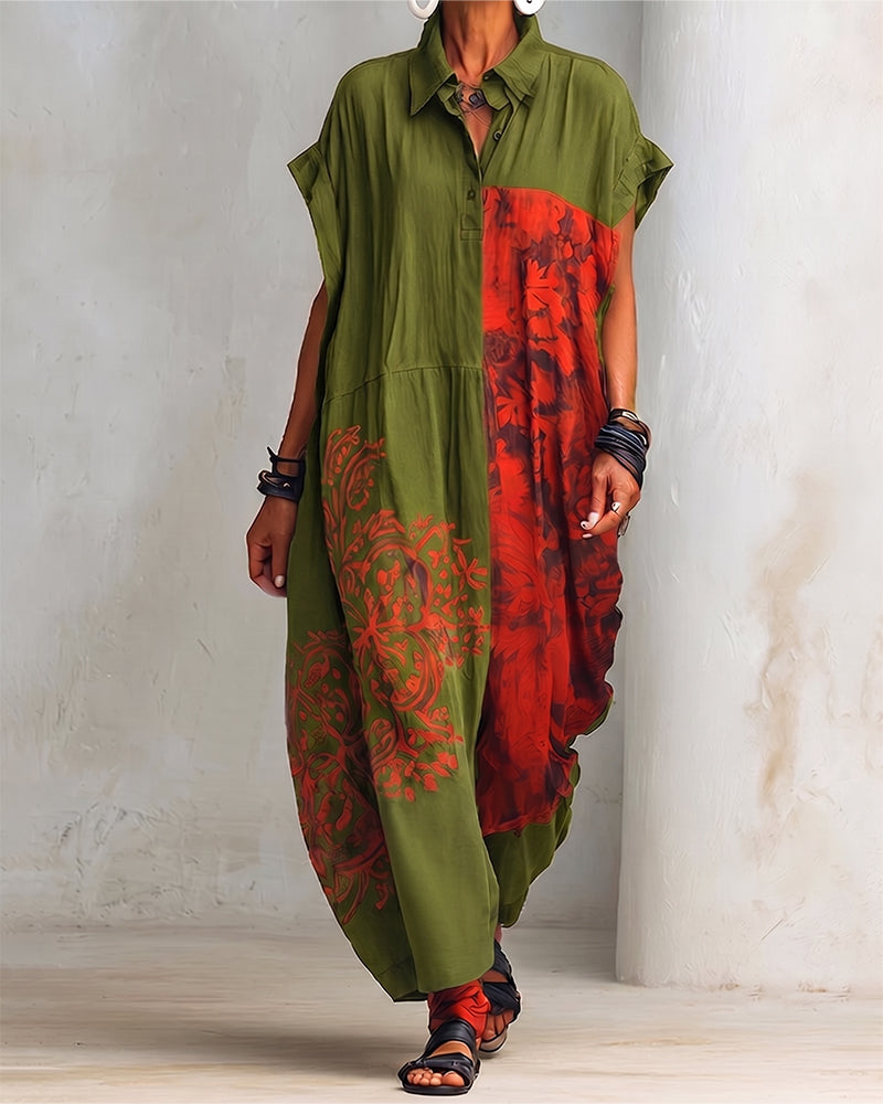 Lapel Print Loose Shirt Dress