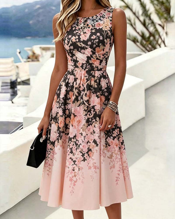 Sleeveless Crew Neck High Waist Printed Dress